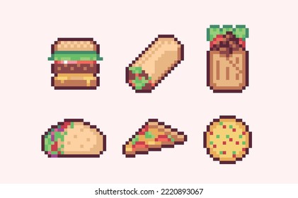 Shawarma, burger, pizza pixel art set. Fast food collection. Meat in bread, lavash. 8 bit sprite. Game development, mobile app.  Isolated vector illustration.