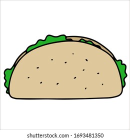 Shawarma, burrito, arabic roll. Vegetables meat and greens wrapped in a tortilla or pita bread. Cartoon whole color flat vector illustration. Isolated on a white background.