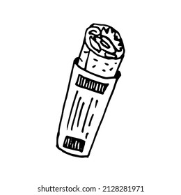 Shawarma or burrito vector illustration. Fast food meatloaf and vegetables in paper packaging