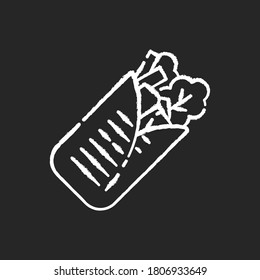 Shawarma chalk white icon on black background. Arabian fast food. Meat wrapped with lettuce. Mexican taco. Traditional cuisine. National dish. Isolated vector chalkboard illustration