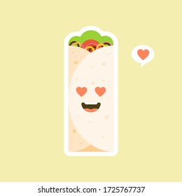 Shawarma character. Buritto. Fast food cartoon. Vector chicken, vegetables roll,  meal. Doner gebab, shawarma flat cartoon illustration.. Arabic, eastern food, Burittos, mexican food
