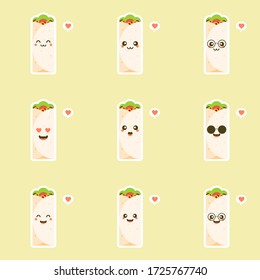 Shawarma character. Buritto. Fast food cartoon. Vector chicken, vegetables roll,  meal. Doner gebab, shawarma flat cartoon illustration.. Arabic, eastern food, Burittos, mexican food