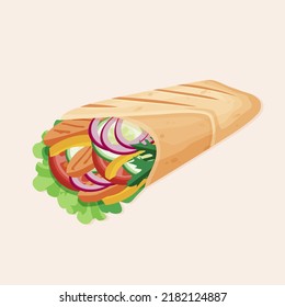 Shawarma or chicken in pita bread vector icon. Meal on the grill of shawarma illustration. Turkish fast food with meat and vegetables.