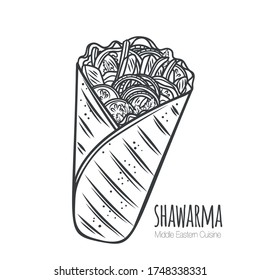 Shawarma Or Chicken Wrap Outline Vector Icon. Turkish Fast Food With Meat And Vegetables In Pita Bread. Meal On The Grill Llustration.