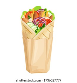 Shawarma Or Chicken Wrap In Paper Packaging Vector Icon. Turkish Fast Food With Meat And Vegetables In Pita Bread. Meal On The Grill Of Shawarma Illustration.