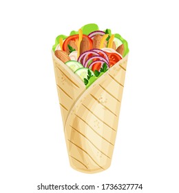 Shawarma or chicken wrap vector icon. Turkish fast food with meat and vegetables in pita bread. Meal on the grill of shawarma illustration.