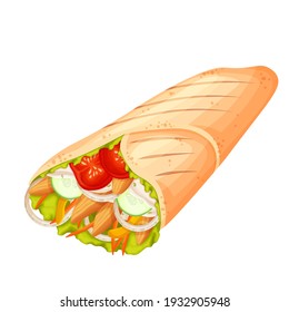 Shawarma or chicken wrap vector icon. Turkish fast food with meat and vegetables in pita bread. Meal on the grill of shawarma illustration.