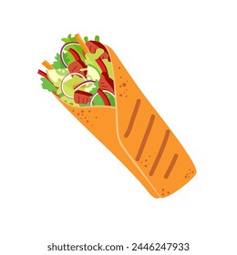 Shawarma or chicken wrap vector icon. Turkish fast food with meat and vegetables in pita bread. Meal on the grill of shawarma illustration.