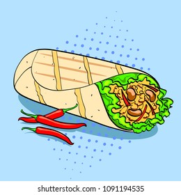 Shawarma and chili pepper pop art background food. Vector illustration. Comic style imitation.
