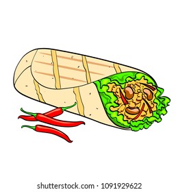 Shawarma and chili pepper pop art background food. Vector illustration. Comic style imitation. Isolated object on white background