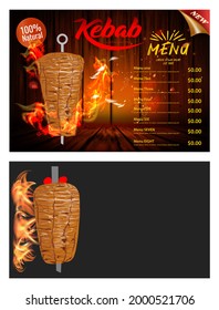Shawarma cooking and ingredients for kebab. Doner kebab hand drawn. Fast food menu design elements. Restaurant cafe menu, template design. Food flyer. Vector.