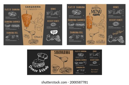 Shawarma cooking and ingredients for kebab. Doner kebab hand drawn. Fast food menu design elements. Restaurant cafe menu, template design. Food flyer. Vector.