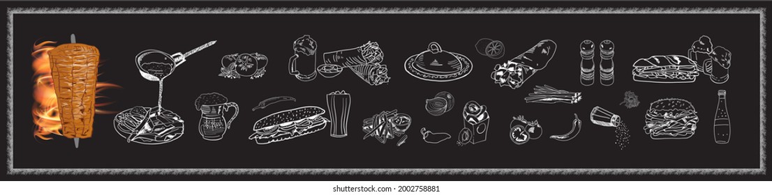 Shawarma cooking and ingredients for kebab. Doner kebab hand drawn. Fast food menu design elements. Restaurant cafe menu, template design. Food flyer. Vector.
