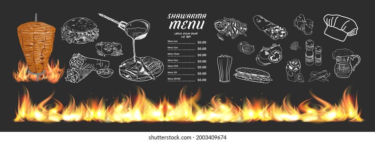 Shawarma cooking and ingredients for kebab. Doner kebab hand drawn. Fast food menu design elements. Restaurant cafe menu, template design. Food flyer. Vector.