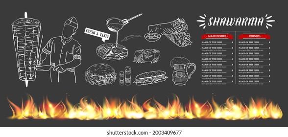 Shawarma cooking and ingredients for kebab. Doner kebab hand drawn. Fast food menu design elements. Restaurant cafe menu, template design. Food flyer. Vector.