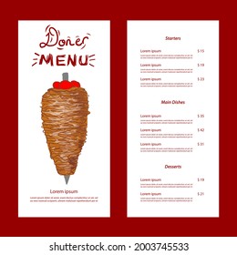 Shawarma cooking and ingredients for kebab. Doner kebab hand drawn. Fast food menu design elements. Restaurant cafe menu, template design. Food flyer. Vector.