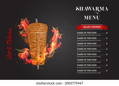 Shawarma cooking and ingredients for kebab. Doner kebab hand drawn. Fast food menu design elements. Restaurant cafe menu, template design. Food flyer. Vector.