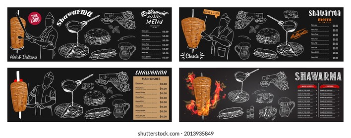 Shawarma cooking and ingredients for kebab. Doner kebab hand drawn. Fast food menu design elements. Restaurant cafe menu, template design. Food flyer. Vector.