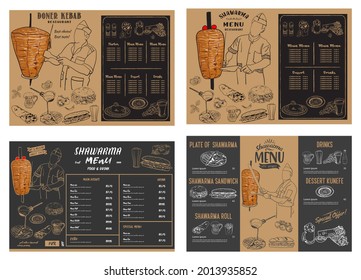 Shawarma cooking and ingredients for kebab. Doner kebab hand drawn. Fast food menu design elements. Restaurant cafe menu, template design. Food flyer. Vector.