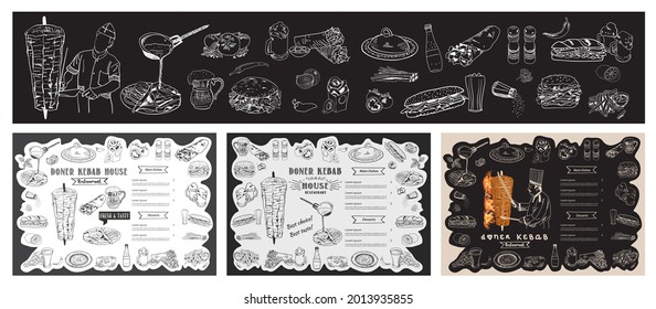 Cocina shwarma e ingredientes para el kebab. Doner kebab mano dibujada. Elementos de diseño de menús de comida rápida. Menú de café restaurante, diseño de plantilla. Volante de comida. Vector.