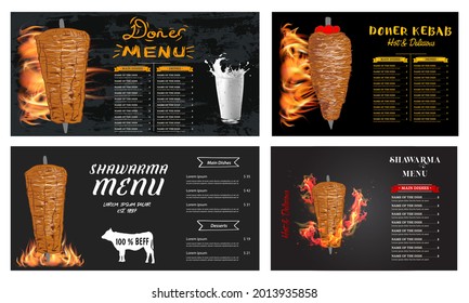 Shawarma cooking and ingredients for kebab. Doner kebab hand drawn. Fast food menu design elements. Restaurant cafe menu, template design. Food flyer. Vector.