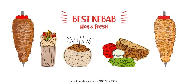 Shawarma cooking and ingredients for kebab. Doner kebab hand drawn. Fast food menu design elements. Restaurant cafe menu, template design. Food flyer. Vector.