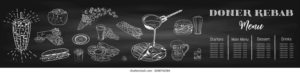 Shawarma cooking and ingredients for kebab. Doner kebab hand drawn. Fast food menu design elements. Restaurant cafe menu, template design. Food flyer. Vector.