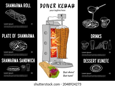 Shawarma cooking and ingredients for kebab. Doner kebab hand drawn. Fast food menu design elements. Restaurant cafe menu, template design. Food flyer. Vector.