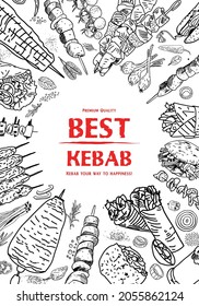 Shawarma cooking and ingredients for kebab. Doner kebab hand drawn. Middle eastern food. Fast food menu design elements. Restaurant cafe menu, template design. Food flyer. Vector.