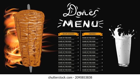 Shawarma cooking and ingredients for kebab. Doner kebab hand drawn. Middle eastern food. Fast food menu design elements. Restaurant cafe menu, template design. Food flyer. Vector.