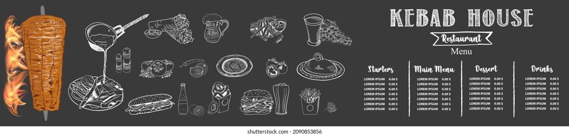 Shawarma cooking and ingredients for kebab. Doner kebab hand drawn. Middle eastern food. Fast food menu design elements. Restaurant cafe menu, template design. Food flyer. Vector.