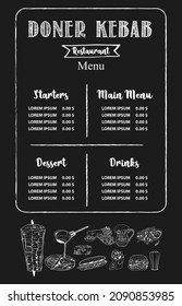 Shawarma cooking and ingredients for kebab. Doner kebab hand drawn. Middle eastern food. Fast food menu design elements. Restaurant cafe menu, template design. Food flyer. Vector.