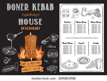 Shawarma cooking and ingredients for kebab. Doner kebab hand drawn. Middle eastern food. Fast food menu design elements. Restaurant cafe menu, template design. Food flyer. Vector.