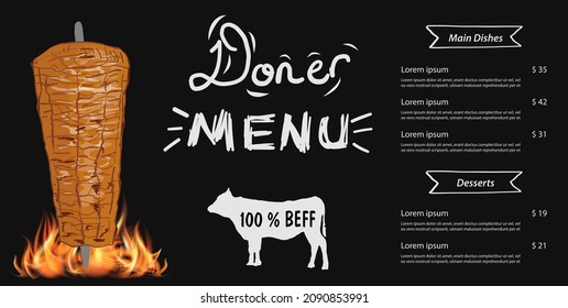 Shawarma cooking and ingredients for kebab. Doner kebab hand drawn. Middle eastern food. Fast food menu design elements. Restaurant cafe menu, template design. Food flyer. Vector.