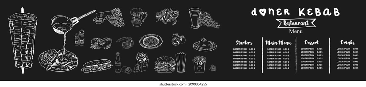 Shawarma cooking and ingredients for kebab. Doner kebab hand drawn. Middle eastern food. Fast food menu design elements. Restaurant cafe menu, template design. Food flyer. Vector.