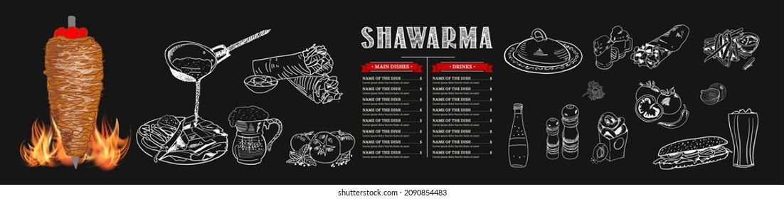 Shawarma cooking and ingredients for kebab. Doner kebab hand drawn. Middle eastern food. Fast food menu design elements. Restaurant cafe menu, template design. Food flyer. Vector.