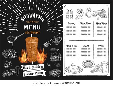 Shawarma cooking and ingredients for kebab. Doner kebab hand drawn. Middle eastern food. Fast food menu design elements. Restaurant cafe menu, template design. Food flyer. Vector.