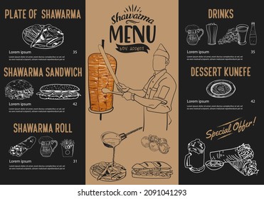 Shawarma cooking and ingredients for kebab. Doner kebab hand drawn. Middle eastern food. Fast food menu design elements. Restaurant cafe menu, template design. Food flyer. Vector.