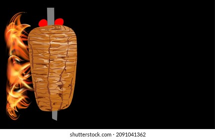 Shawarma cooking and ingredients for kebab. Doner kebab hand drawn. Middle eastern food. Fast food menu design elements. Restaurant cafe menu, template design. Food flyer. Vector.