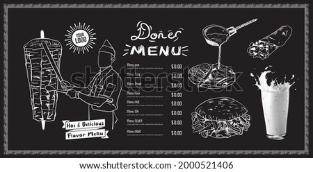 Shawarma cooking and ingredients for kebab. Doner kebab hand drawn. Fast food menu design elements. Restaurant cafe menu, template design. Food flyer. Vector.