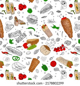 Shawarma cooking and ingredients for kebab. Seamless pattern. Vintage design template, banner. Vector.