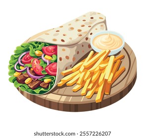 Shawarma with crispy fries and sauce served on a wooden board. Fast food. Vector illustration in eps 10. Suitable for menu, recipe and cookbook 