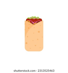shawarma doner burito flat design vector illustration. Delicious Arabic roll with meat, salad, tomato. Kebab with chicken and onion. Cartoon style vector illustration