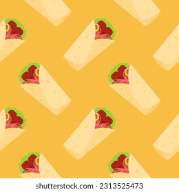 shawarma doner burito flat design vector illustration. Delicious Arabic roll with meat, salad, tomato. Kebab with chicken and onion. Cartoon style vector illustration