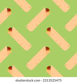 shawarma doner burito flat design vector illustration. Delicious Arabic roll with meat, salad, tomato. Kebab with chicken and onion. Cartoon style vector illustration
