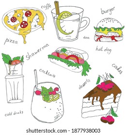 shawarma, doner kebab, burger, pizza, hot dog, cocktail, lemon cinnamon tea, cake, coffee on white background. vector color set of doodles.collection of graphic icons.
