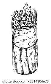 Shawarma, doner kebab sketch vector icon. Turkish fast food with meat and vegetables in pita bread. Meal on the grill of shawarma illustration. Take and go.
