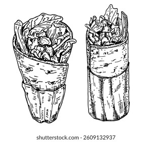 Shawarma, doner kebab sketch vector icon. Turkish fast food with meat and vegetables in pita bread. Meal on the grill of shawarma illustration. Take and go.