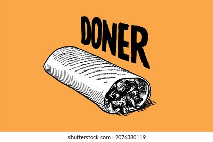 Shawarma doner kebab street food menu. chicken pita roll with vegetables, spicy meat on skewer. Vector hand drawn sketch illustration in doodle, outline. Men food menu design engraving