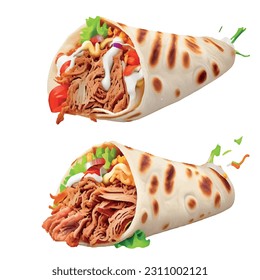 Shawarma in doner pita with pepper and smoke realistic 3d vector graphic isolated white background for menu 